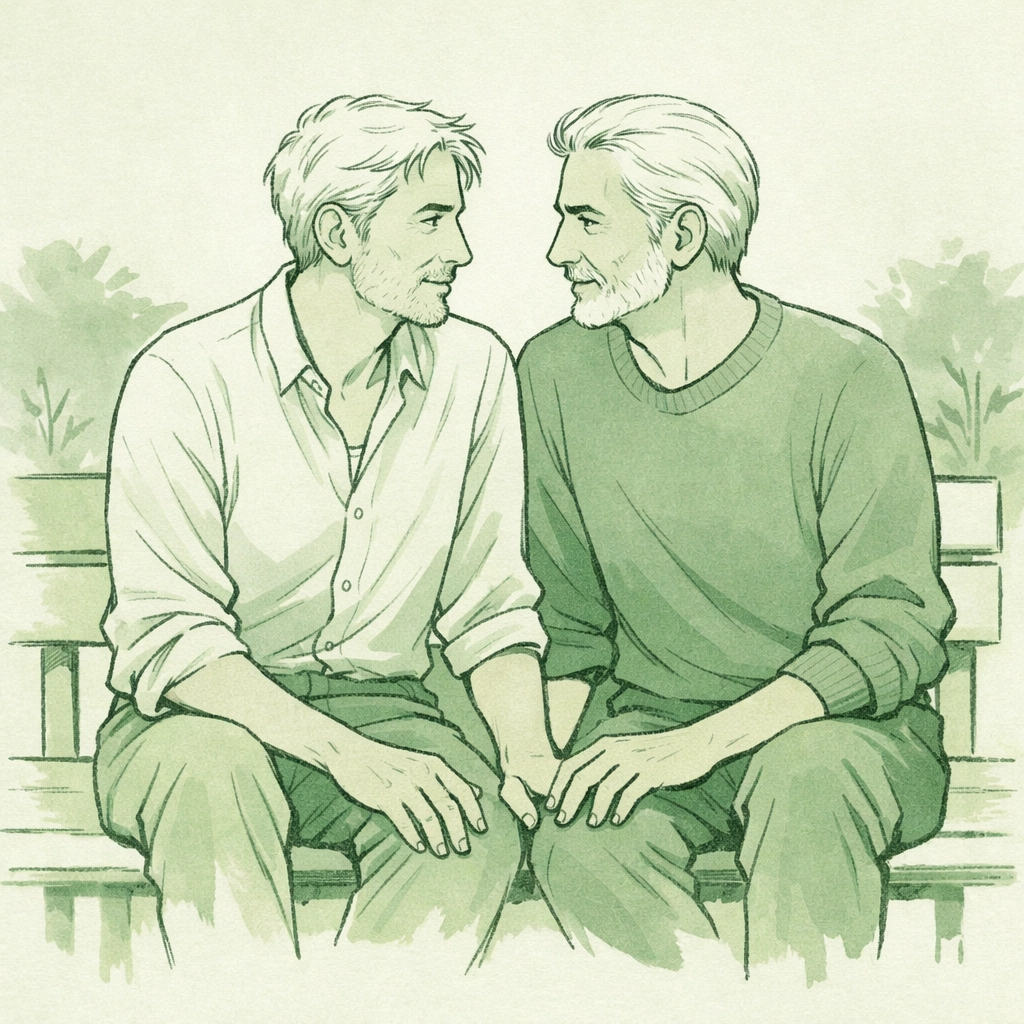 Heartfelt gay romance illustration showing two mature men on a bench, representing love later in life.