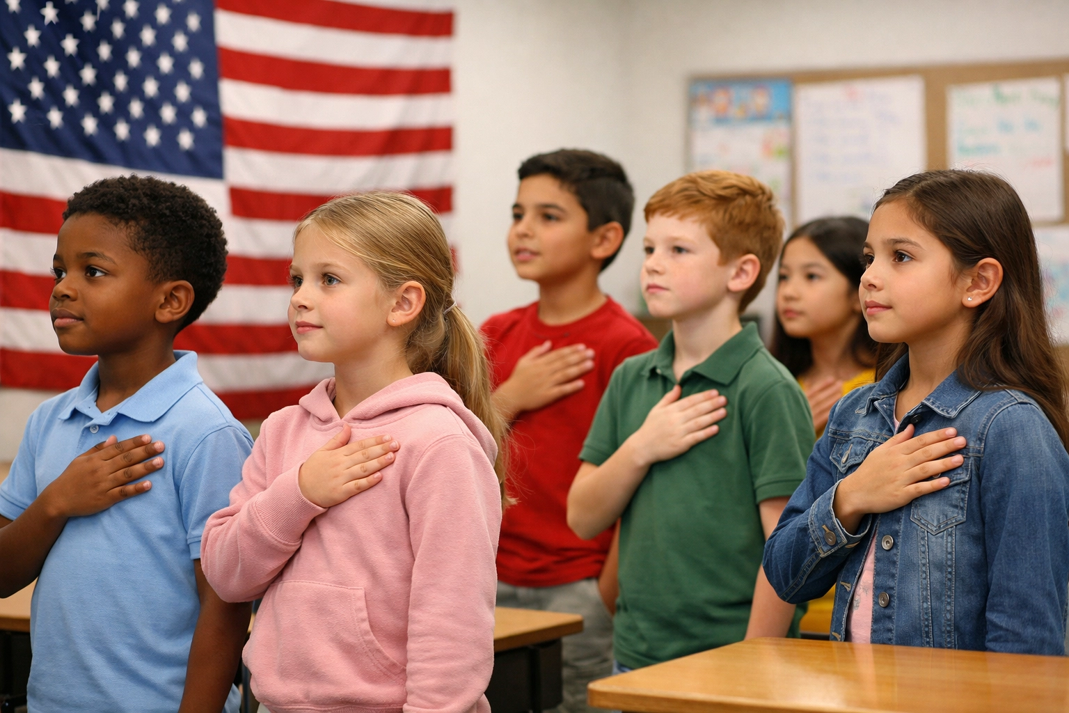 Elementary students in a modern classroom reciting the Pledge of Allegiance with hands over their hearts.
