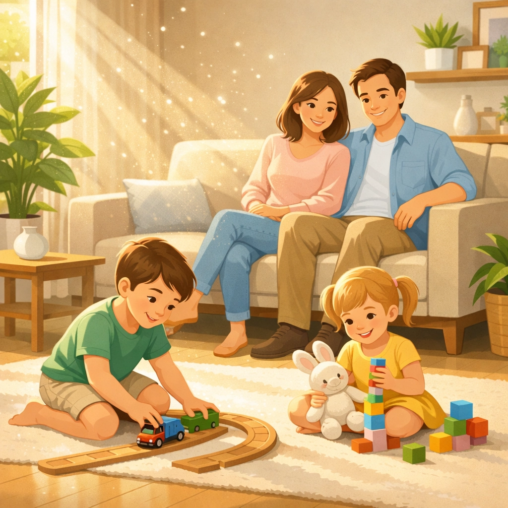 Happy family enjoying quality time together in clean, healthy home with good indoor air quality