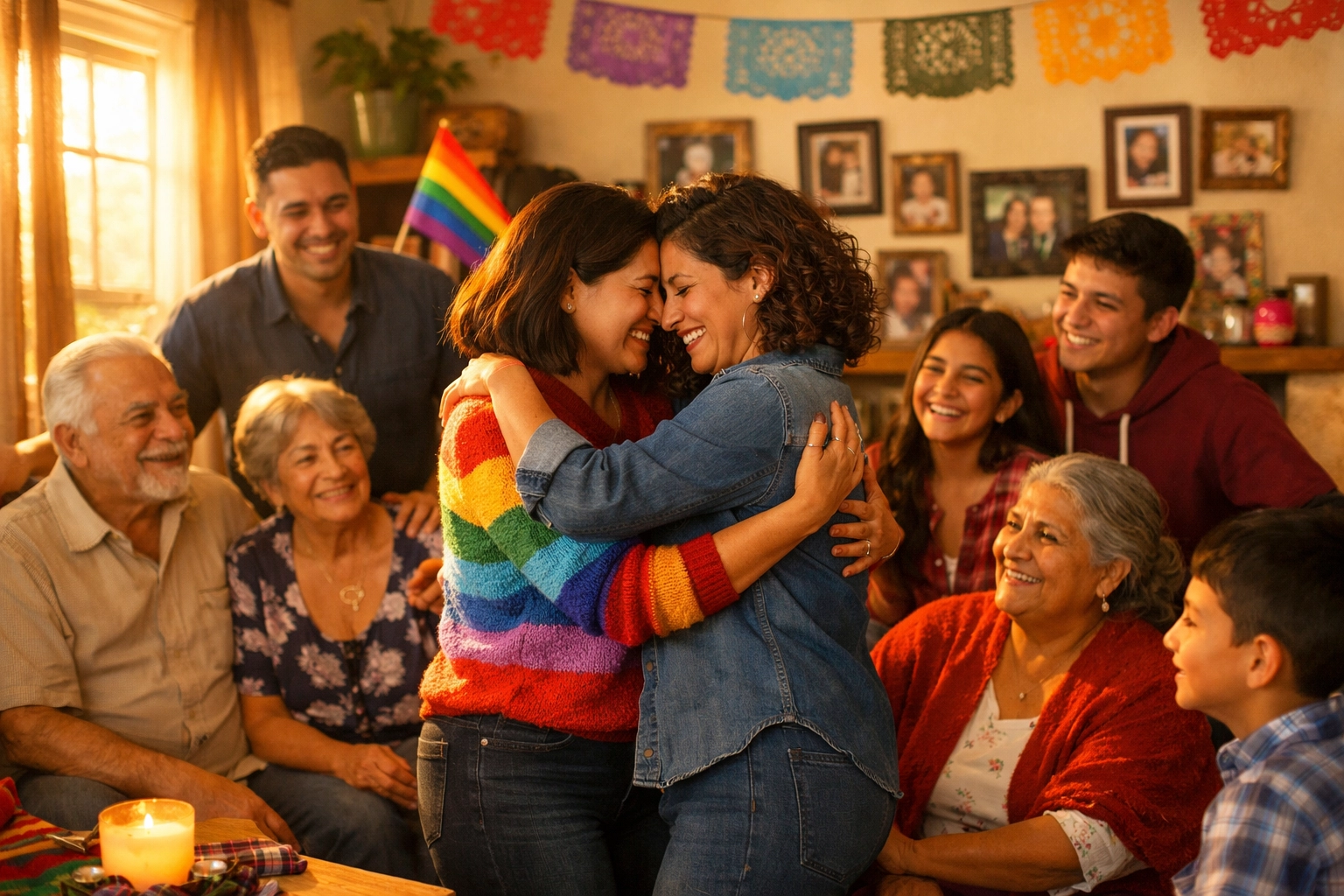 Latinx family embracing LGBTQ+ loved ones showing authentic allyship and acceptance