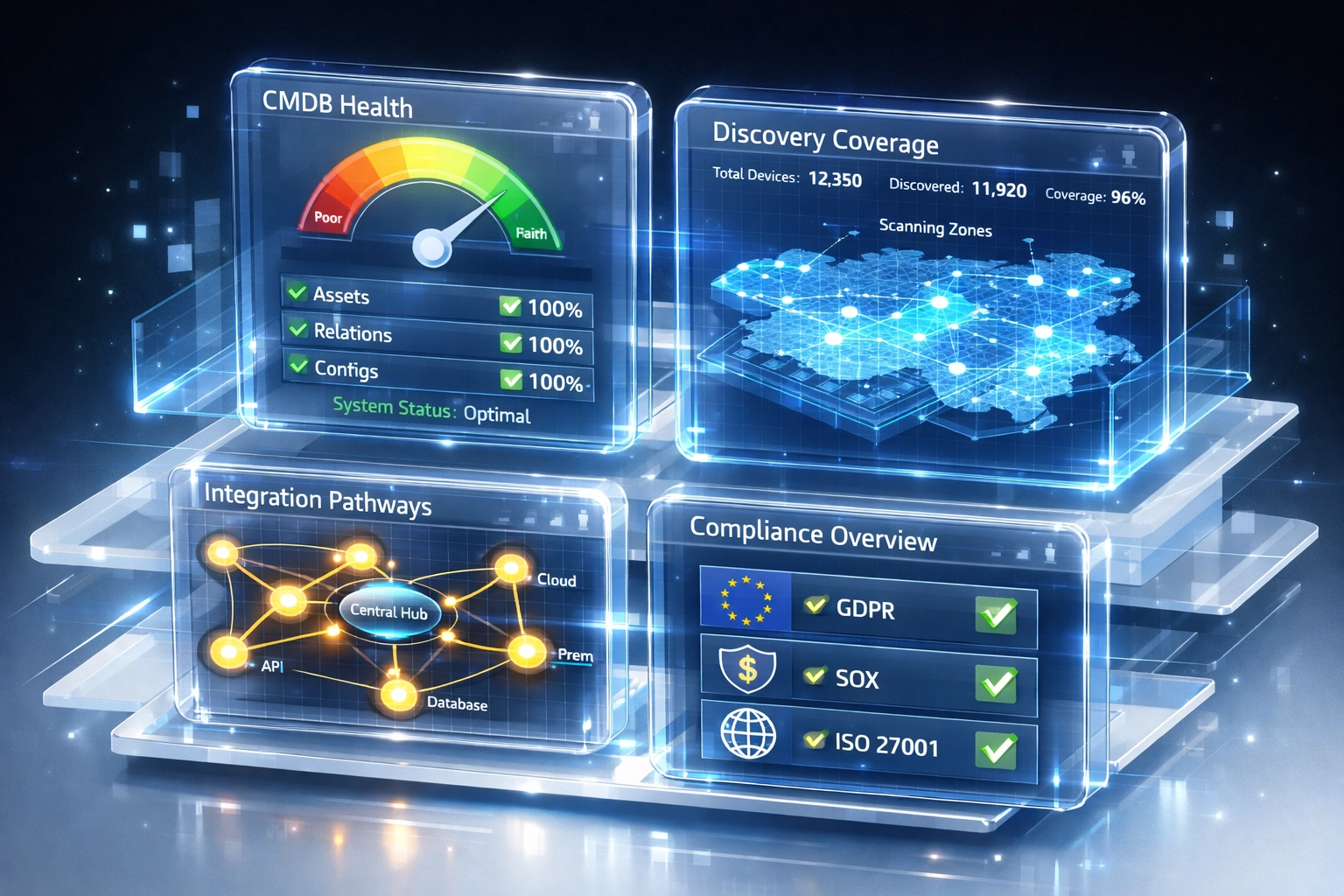 ServiceNow ROI audit dashboard displaying CMDB health, discovery coverage, and compliance metrics