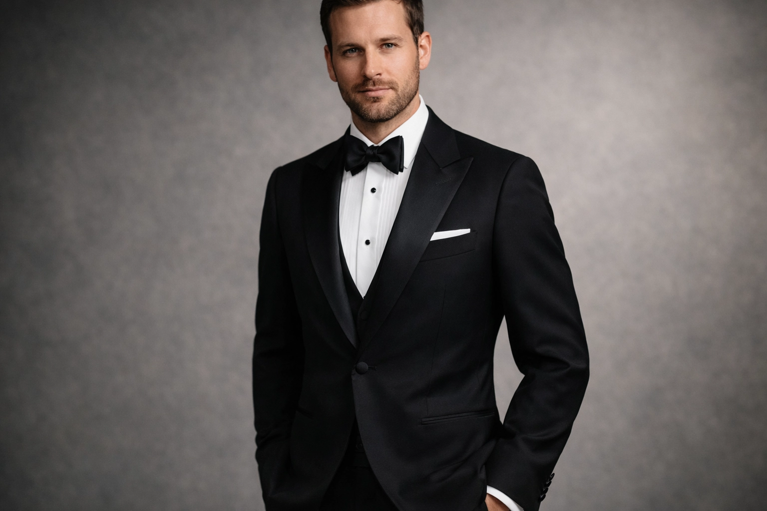 Black tuxedo with bow tie and cummerbund for black tie events