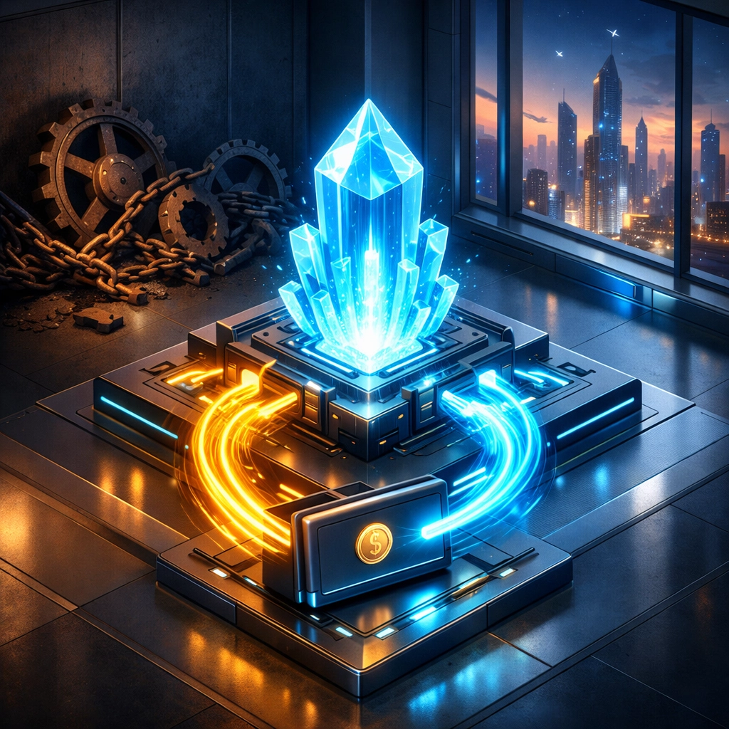 Secure digital wallet in a futuristic vault showing low merchant fees and efficient crypto payments.