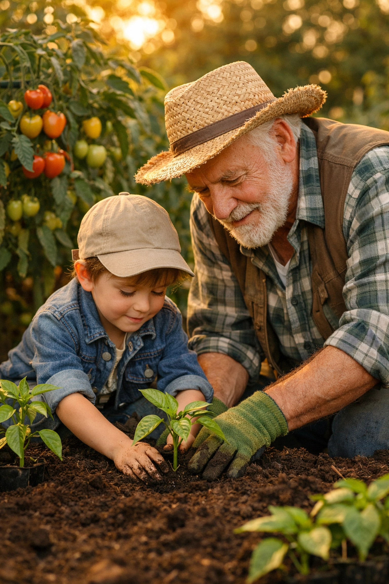 Elder teaching child to plant heirloom pepper seedlings in garden bed