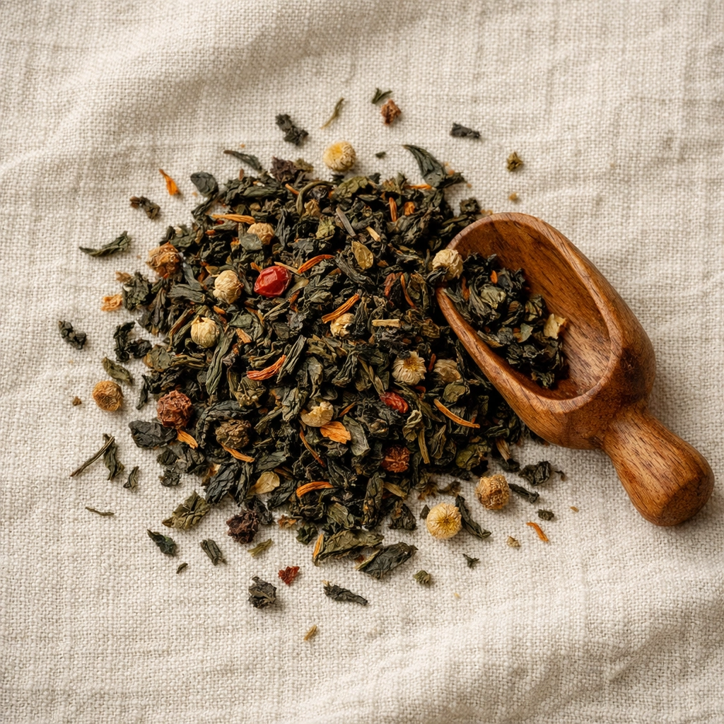 Loose-leaf tea and a wooden scoop on linen, perfect for a plastic-free and mindful tea ritual.