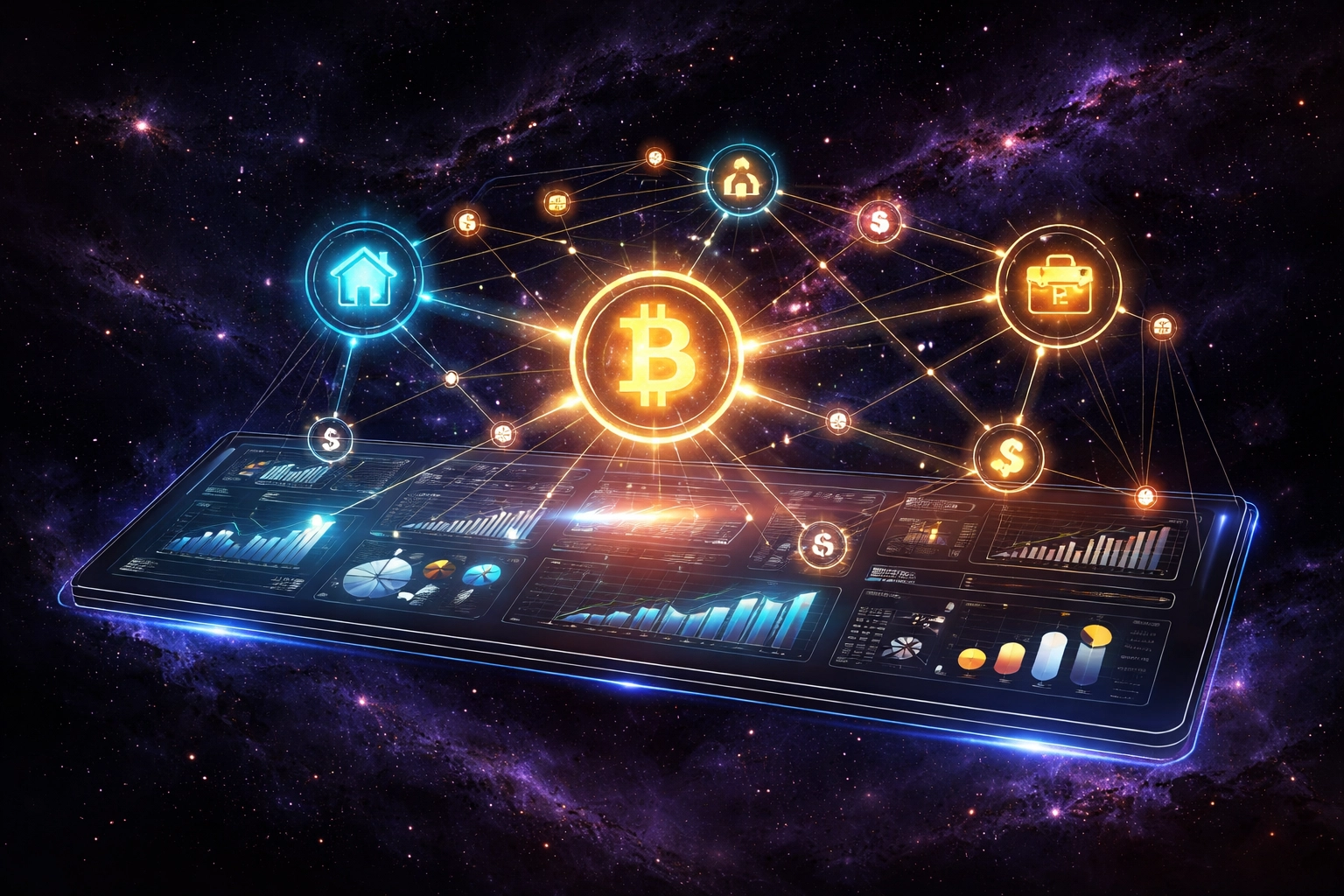 Futuristic illustration of an interconnected investment dashboard featuring Bitcoin, real estate, and private equity, symbolizing advanced portfolio diversification.