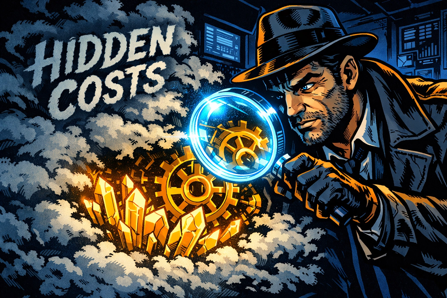 Illustration of a detective uncovering hidden fees in a high-risk merchant account with transparent pricing.