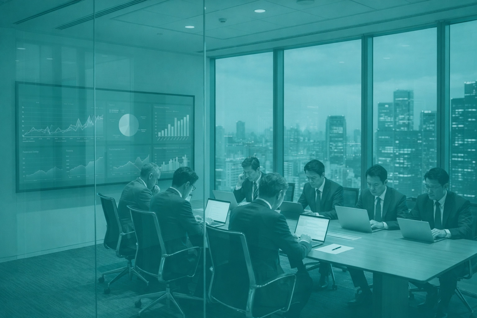 Executives in a corporate boardroom frustrated over SAP system dashboards, highlighting leadership challenges in digital transformation.