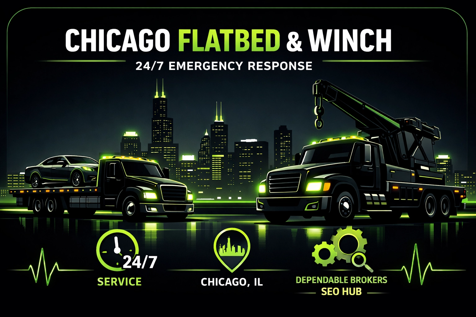 [HERO] Chicago Flatbed & Winch - 24/7 Emergency Response | Chicago, IL | Dependable Brokers SEO Hub