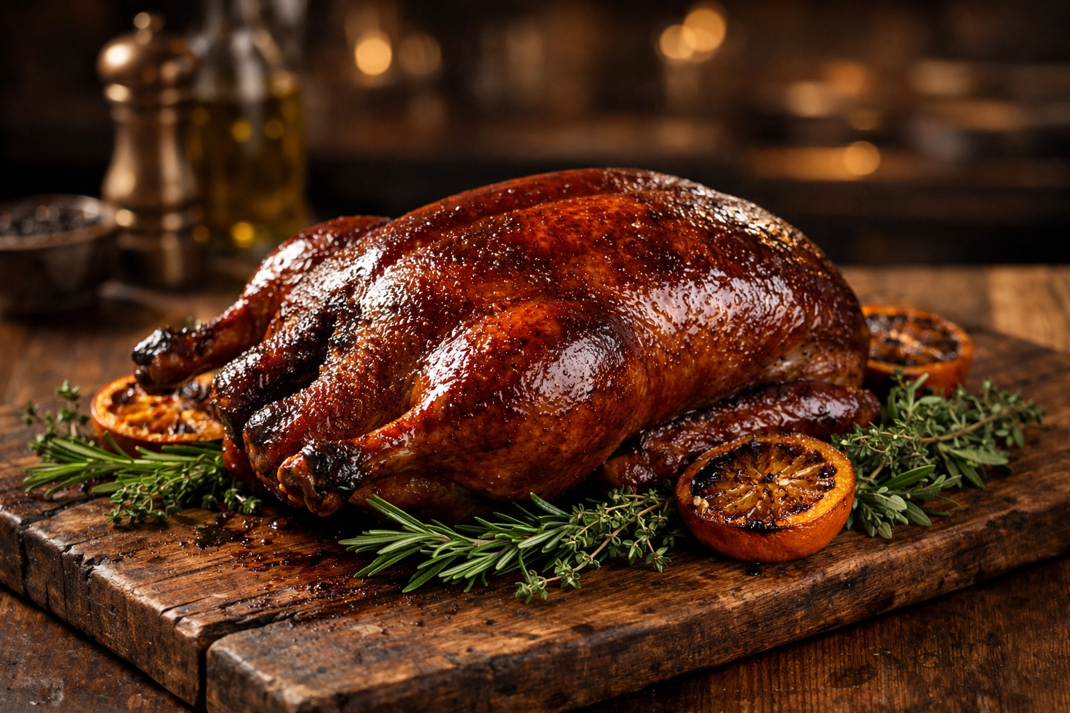 Whole roasted duck with mahogany skin and fresh herbs on a rustic wooden carving board.