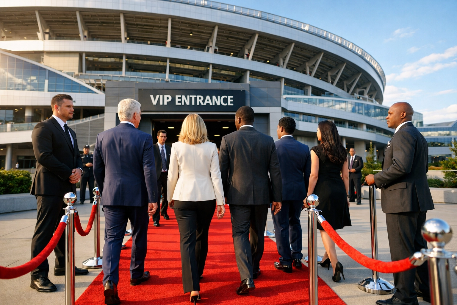 Business executives walking through a VIP stadium entrance with professional security and red carpet.