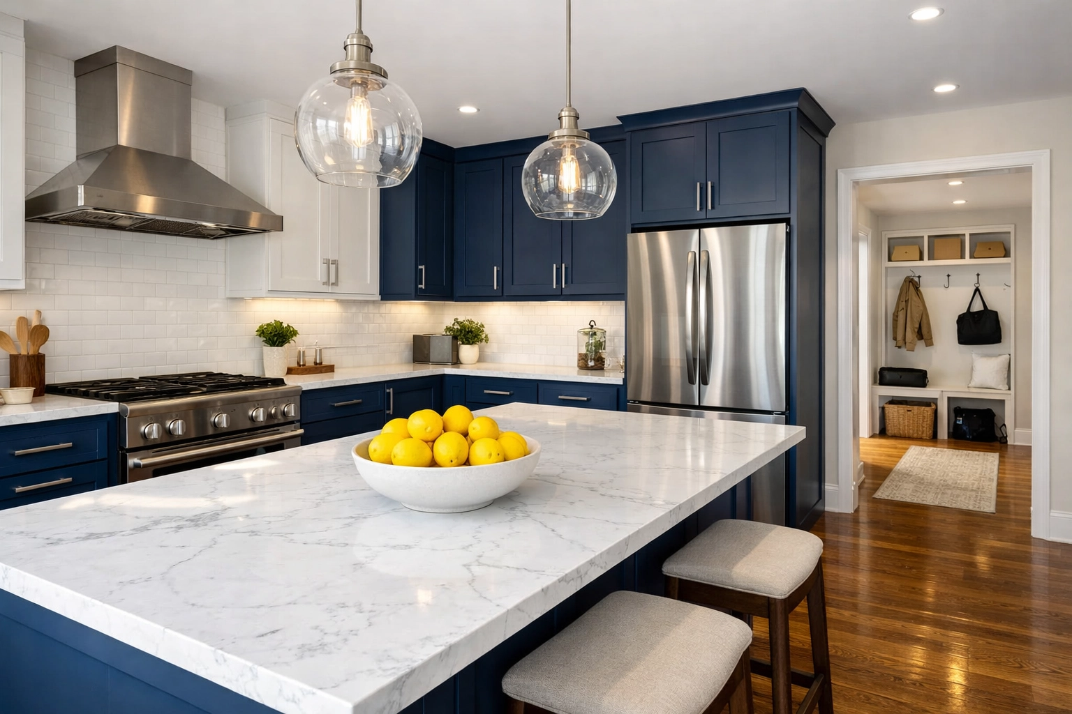 Spotless modern kitchen in a Somerville home with white marble countertops after professional house cleaning.