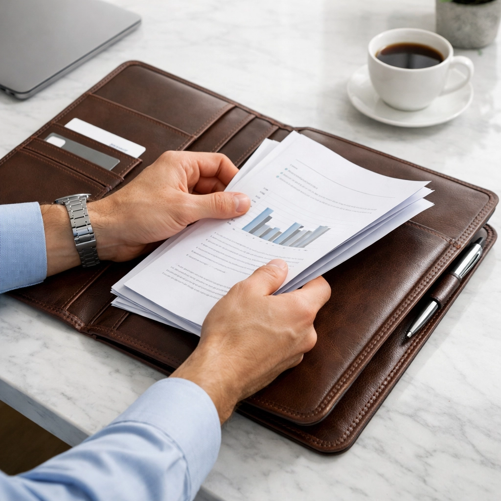 Business owner organizing financial documents and tax forms into a professional leather file folder.