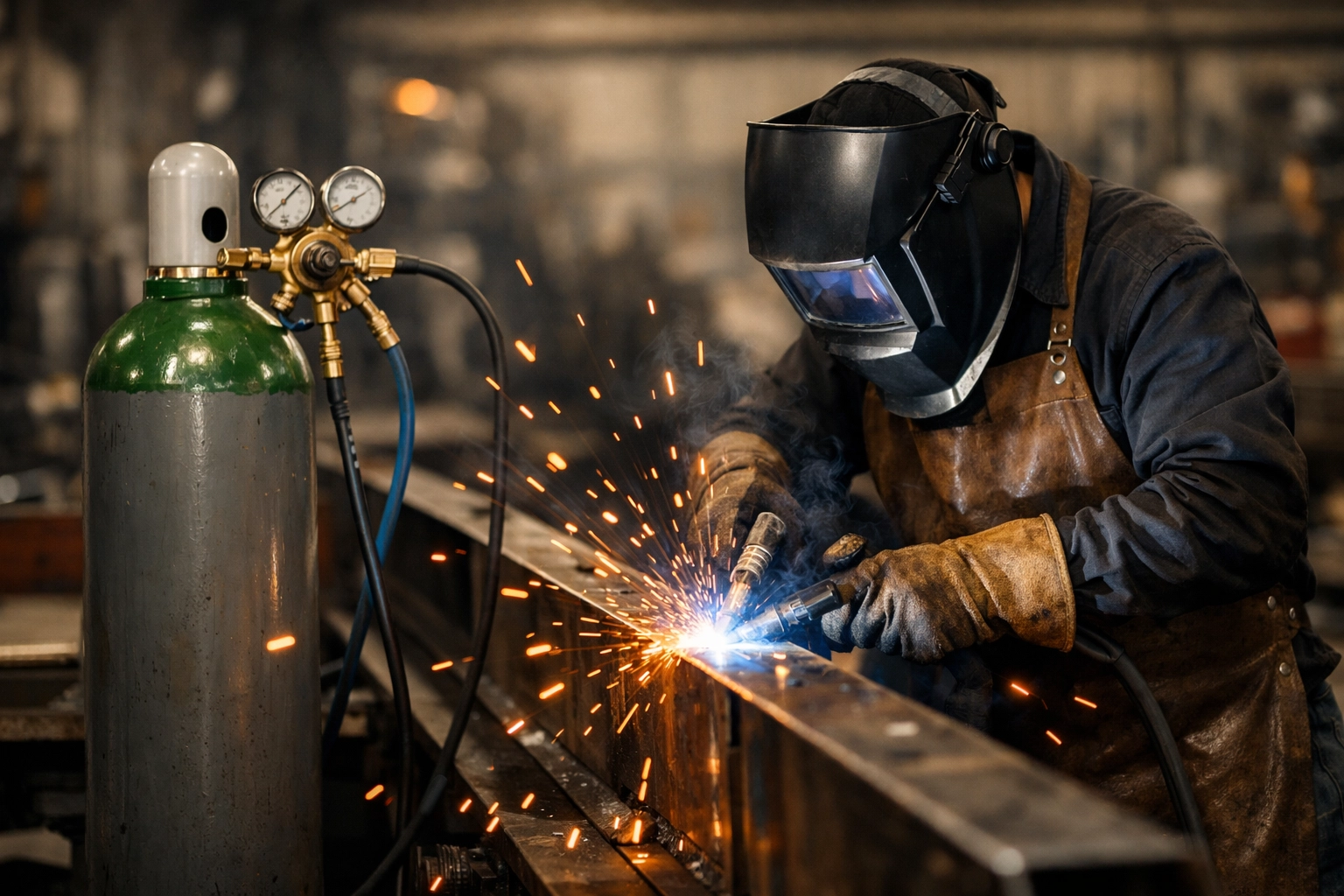 Professional welder using a large refillable gas cylinder for heavy-duty MIG welding in a workshop.