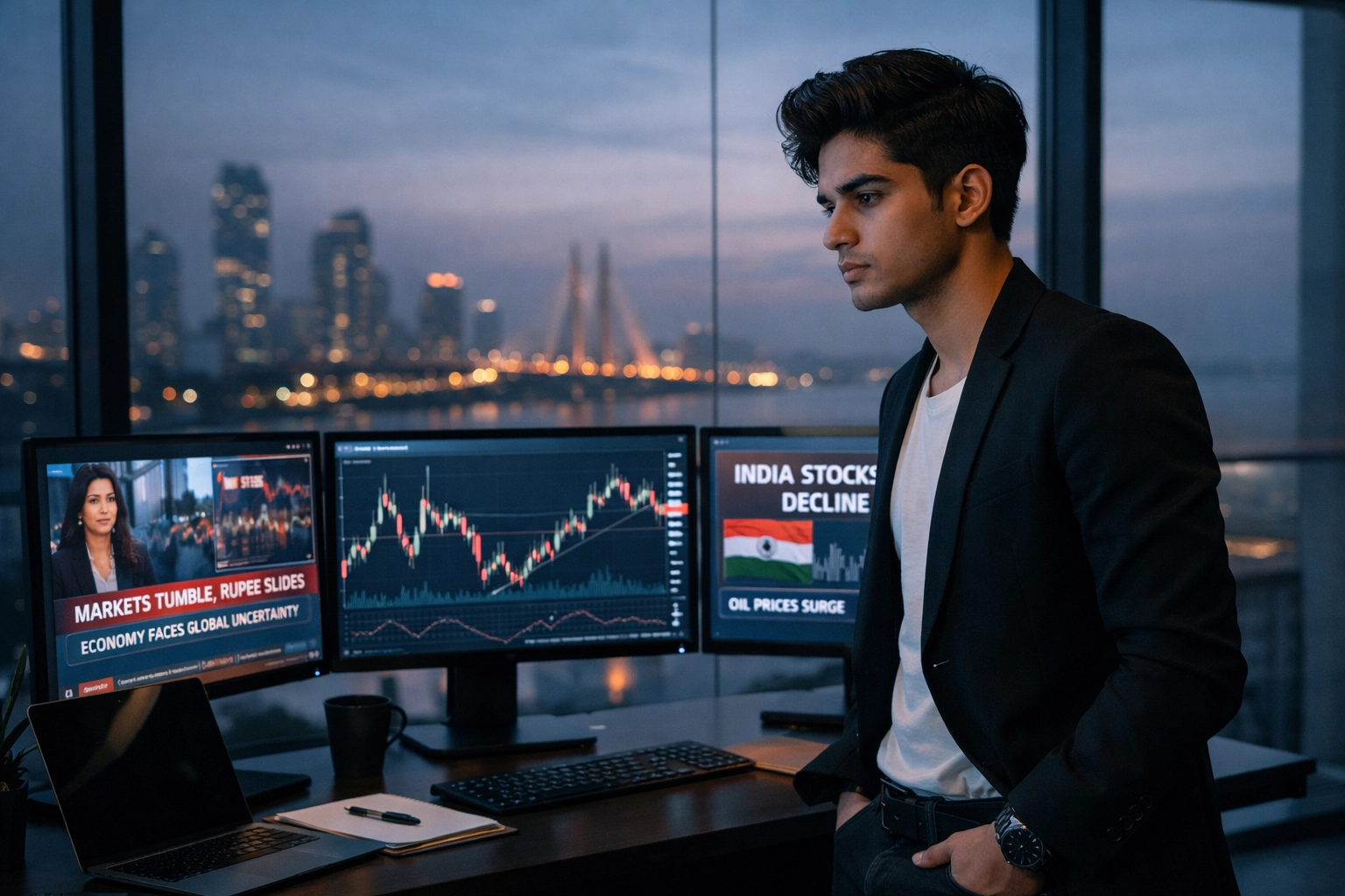 Mumbai financial professional analyzing market volatility and latest financial news India stock reports.