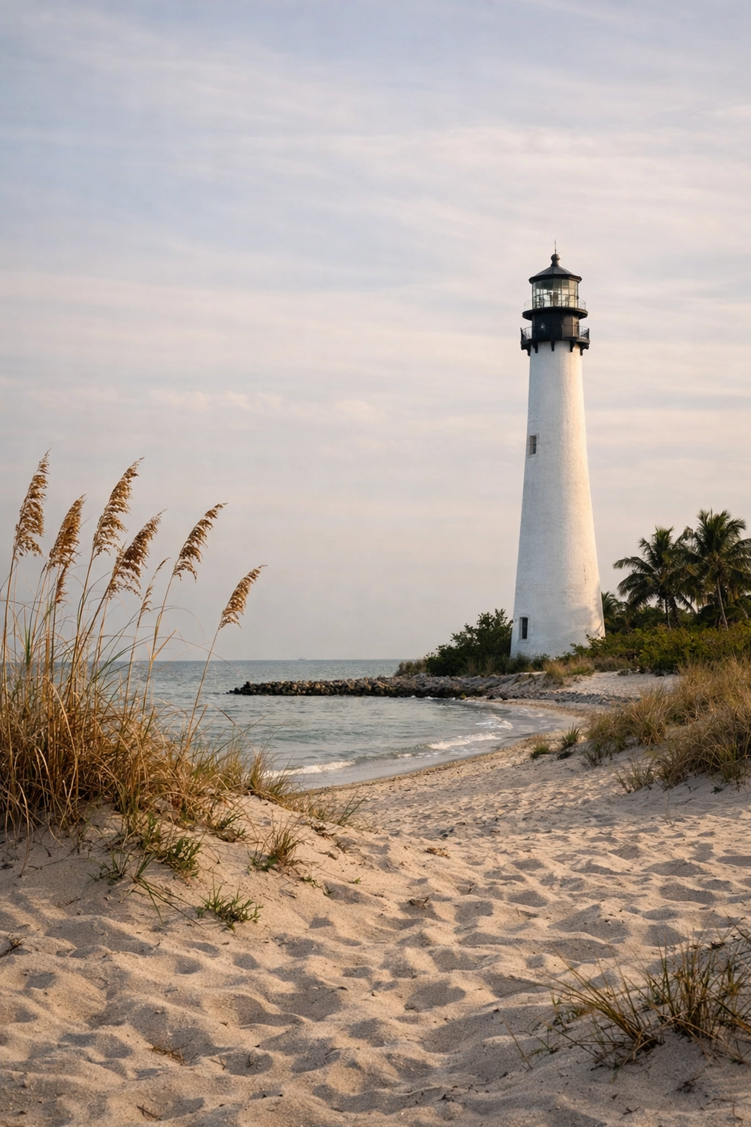 The historic Cape Florida Lighthouse at Bill Baggs State Park, one of the best Miami beaches for photography.
