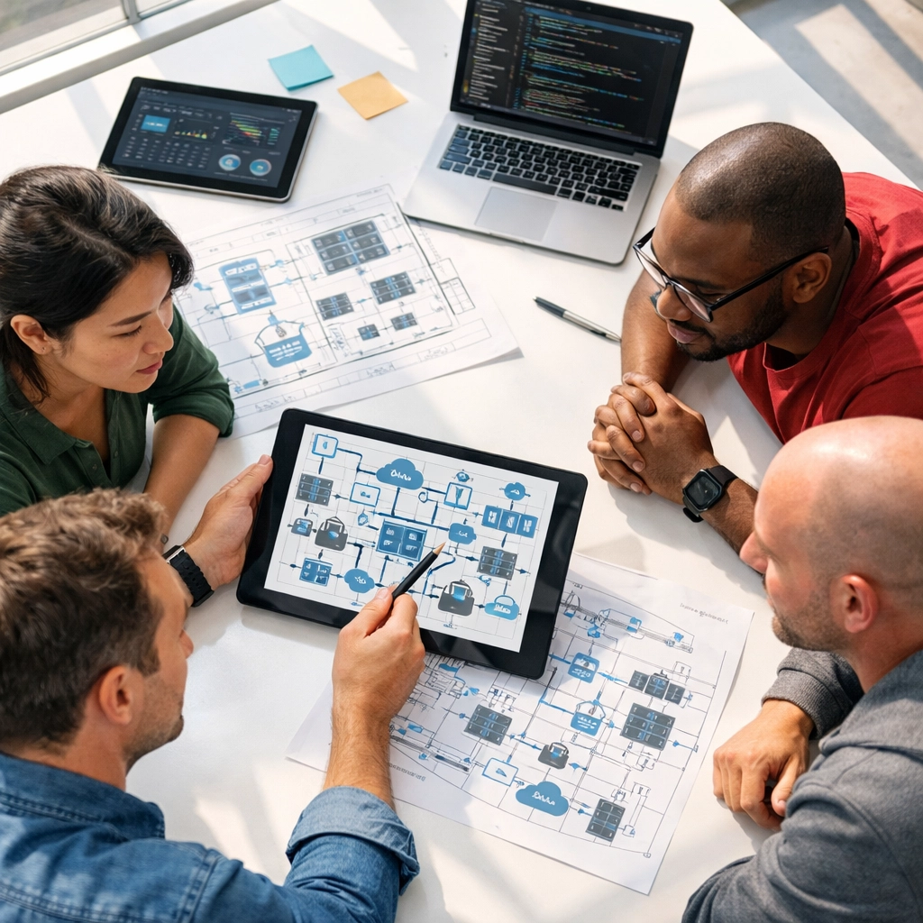 IT professionals reviewing network discovery diagrams to ensure CMDB accuracy with a ServiceNow implementation partner.