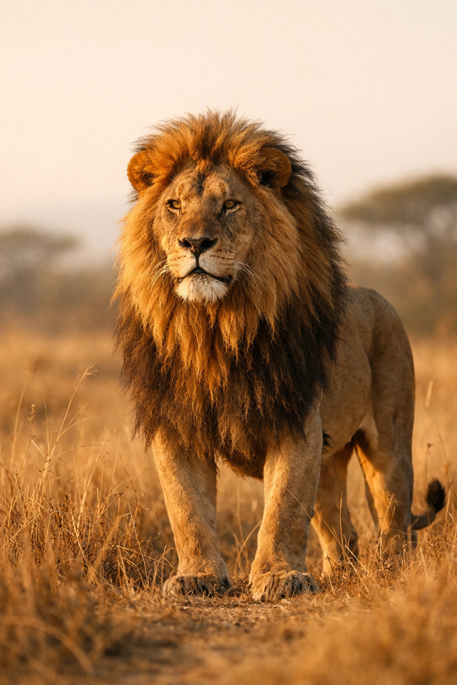Authentic wildlife stock photo of a male African lion standing on the sunny savannah.
