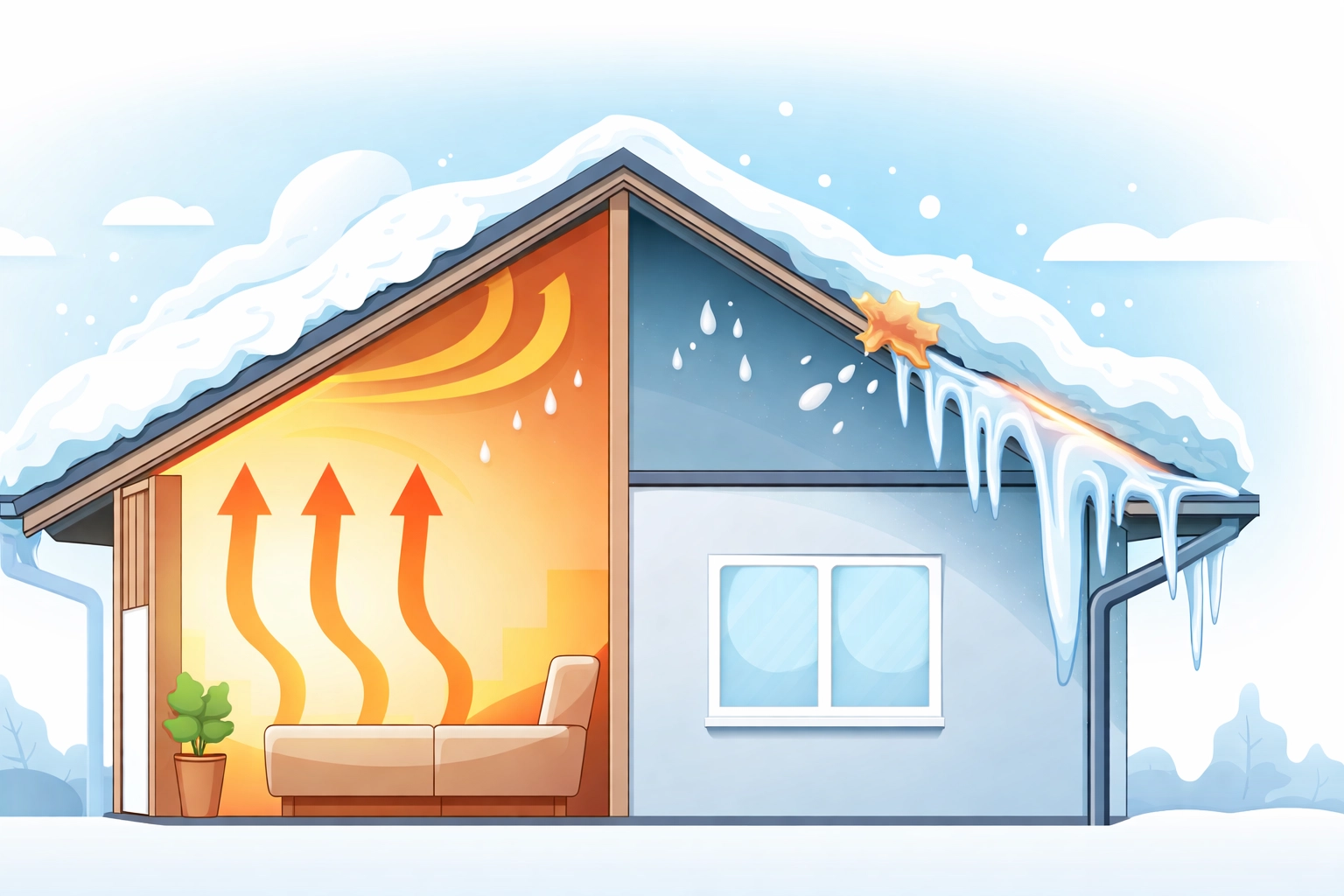 Diagram of a house roof in winter showing heat rising, melting snow, and ice dam formation on the eaves