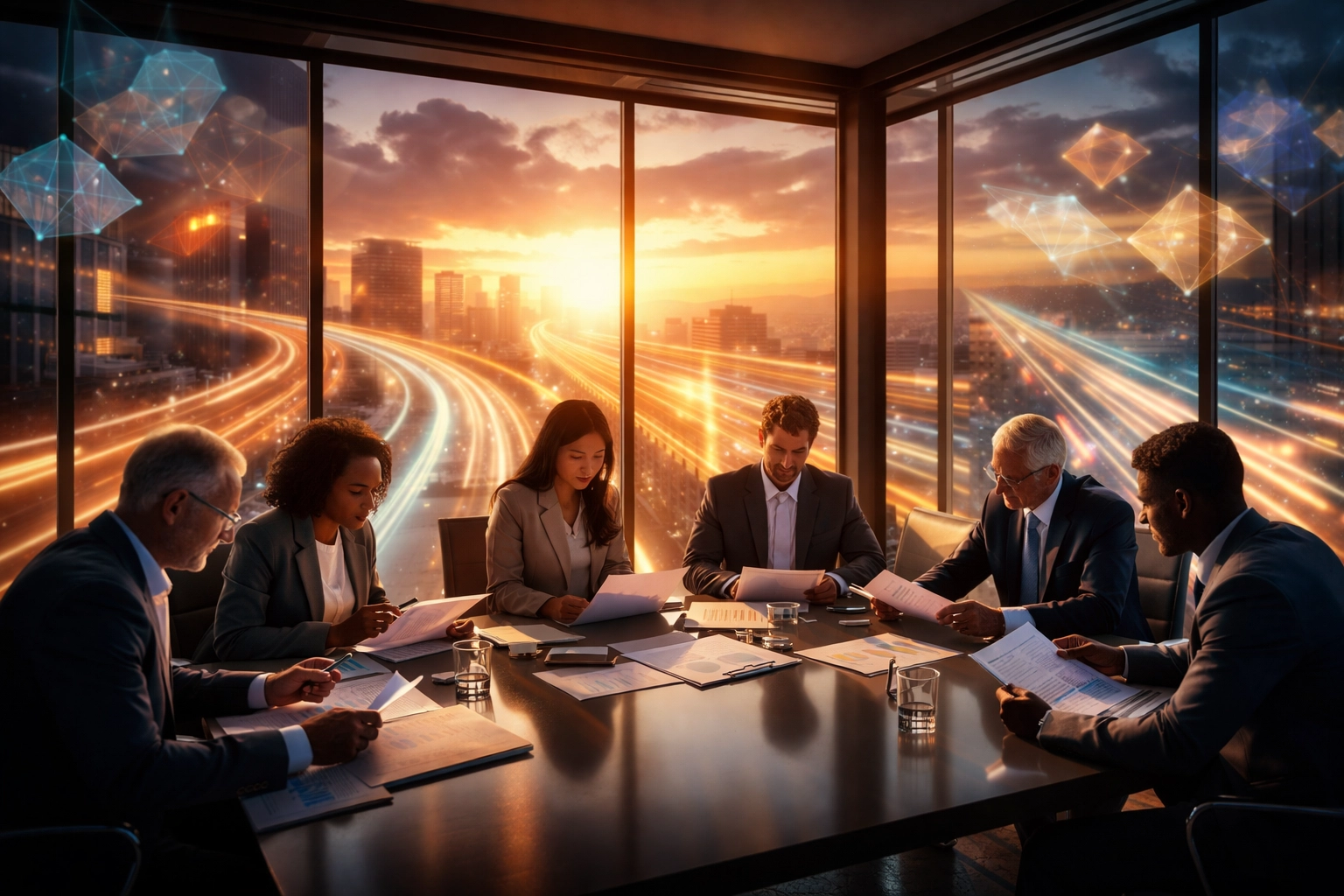 Investors reviewing alternative investment strategies and liquidity solutions in a modern conference room