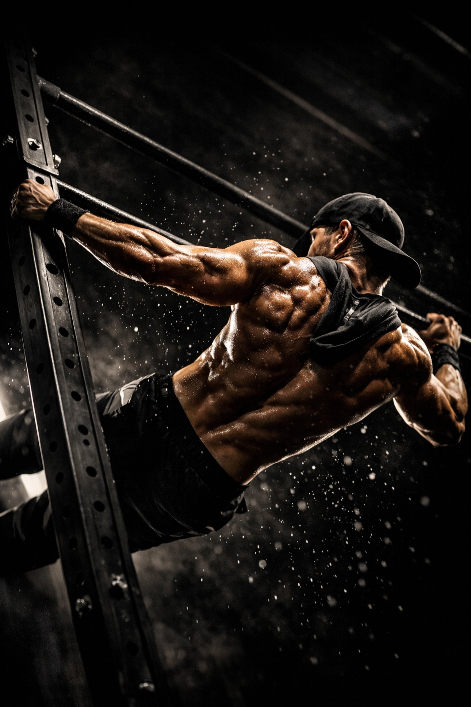 Athlete practicing calisthenics on a vertical rail during a ninja warrior full body workout at home.