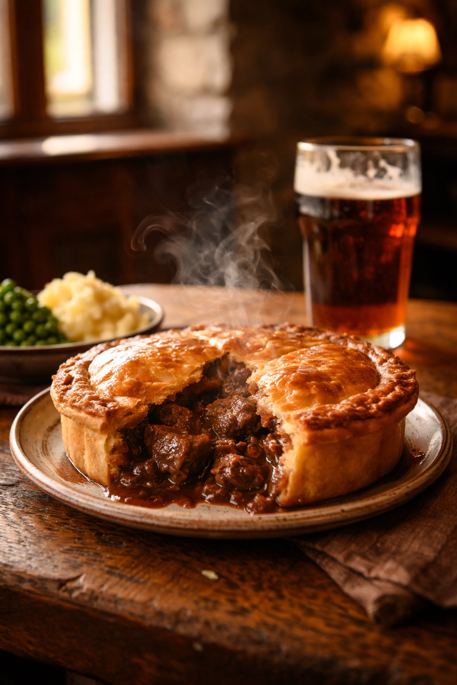 Golden-crusted steak and ale pie with rich gravy on a rustic pub table in the Cotswolds