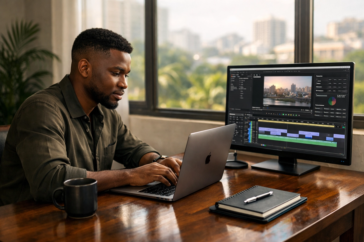 Entrepreneur in a home office editing videos for a cross-platform content repurposing strategy.