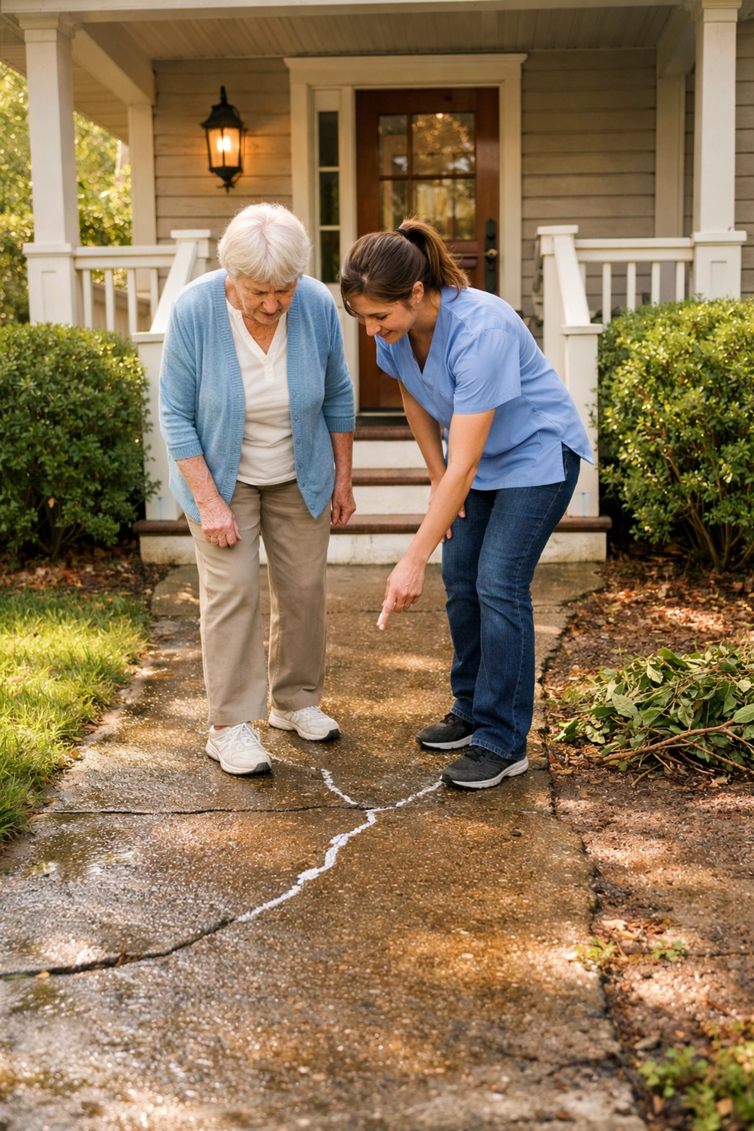 A professional caregiver and senior inspecting an exterior walkway for spring home safety maintenance.