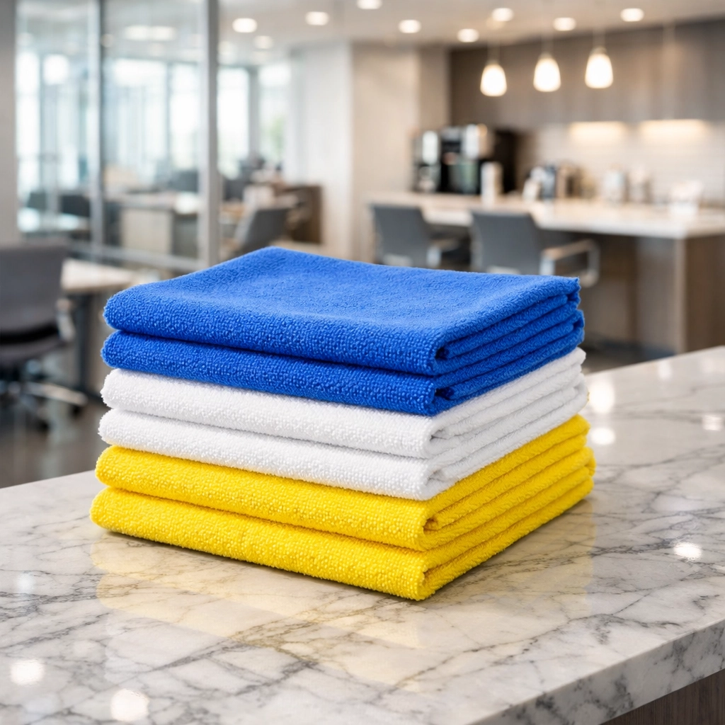 Color-coded microfiber cleaning cloths on a marble counter for professional office cleaning Worcester.
