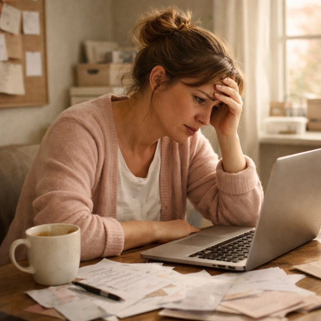 Overwhelmed small business owner struggling with social media management at desk