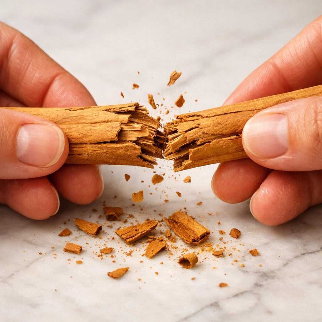 Hands breaking delicate H1 grade Ceylon cinnamon quills to show authentic thin bark layers.