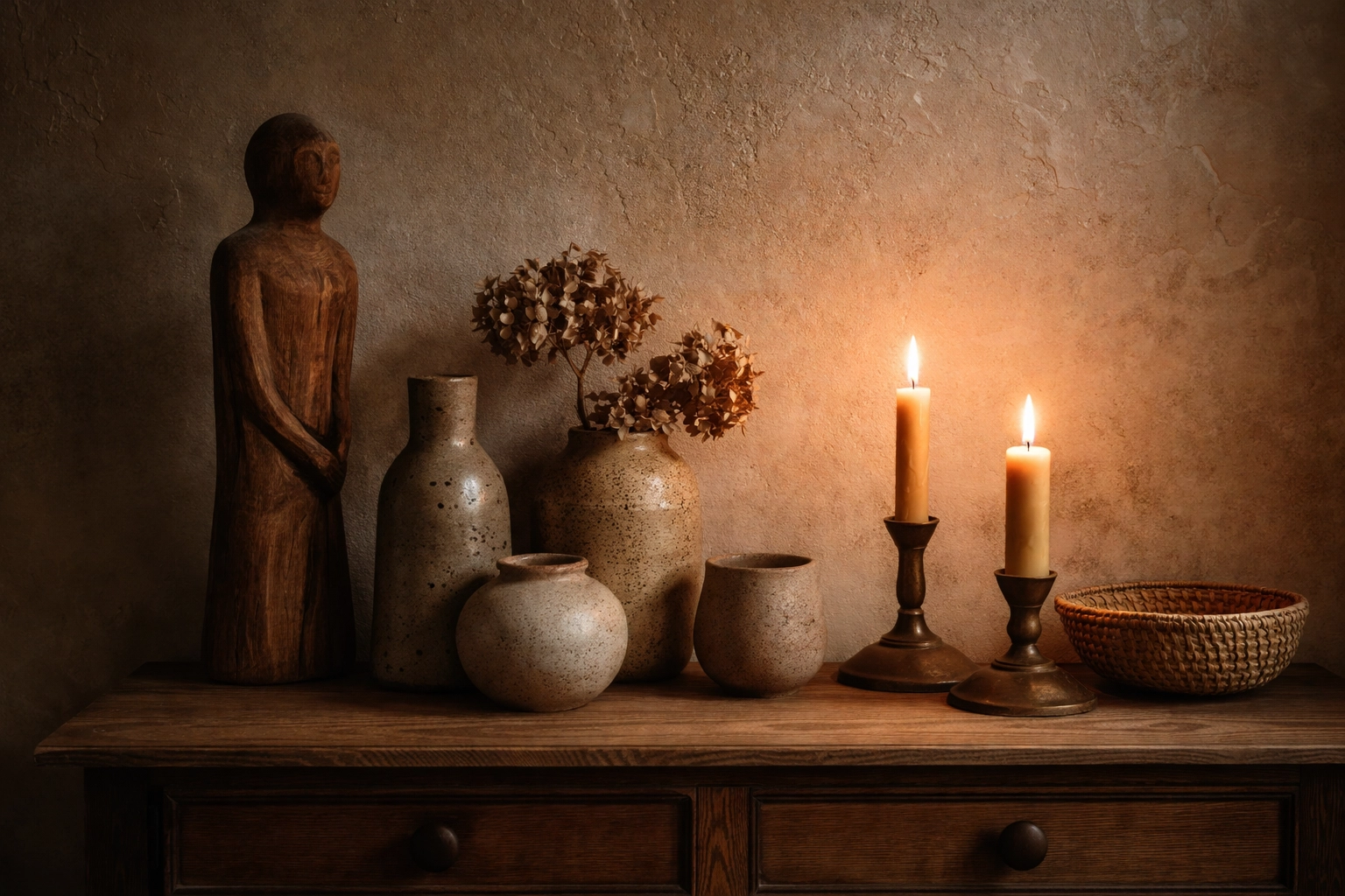 Curated vintage console table with hand-carved wooden sculpture, stoneware vessels, candles, and a woven basket, ideal for soulful artisan home decor.