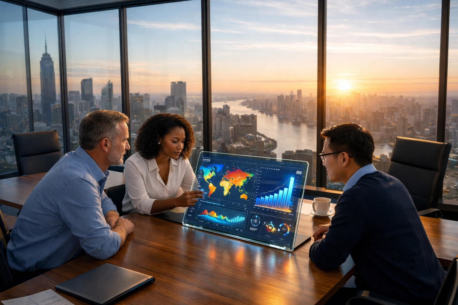 Executives at Dakdan Worldwide analyzing data visualizations on a digital tablet for strategic growth planning.