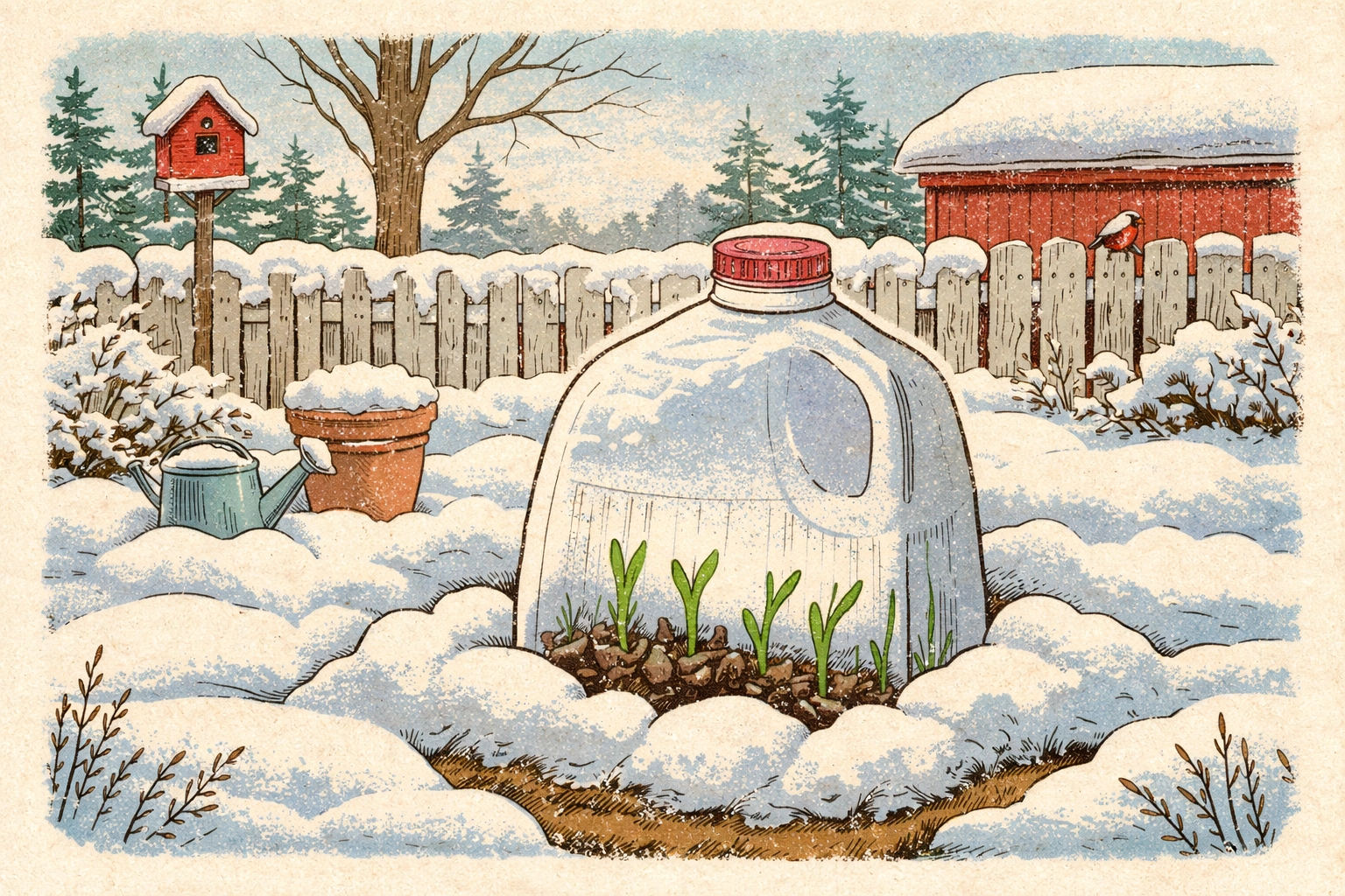 Hand-drawn illustration of a milk jug greenhouse in snow with tiny seedlings sprouting, showing winter sowing method for seeds outdoors.