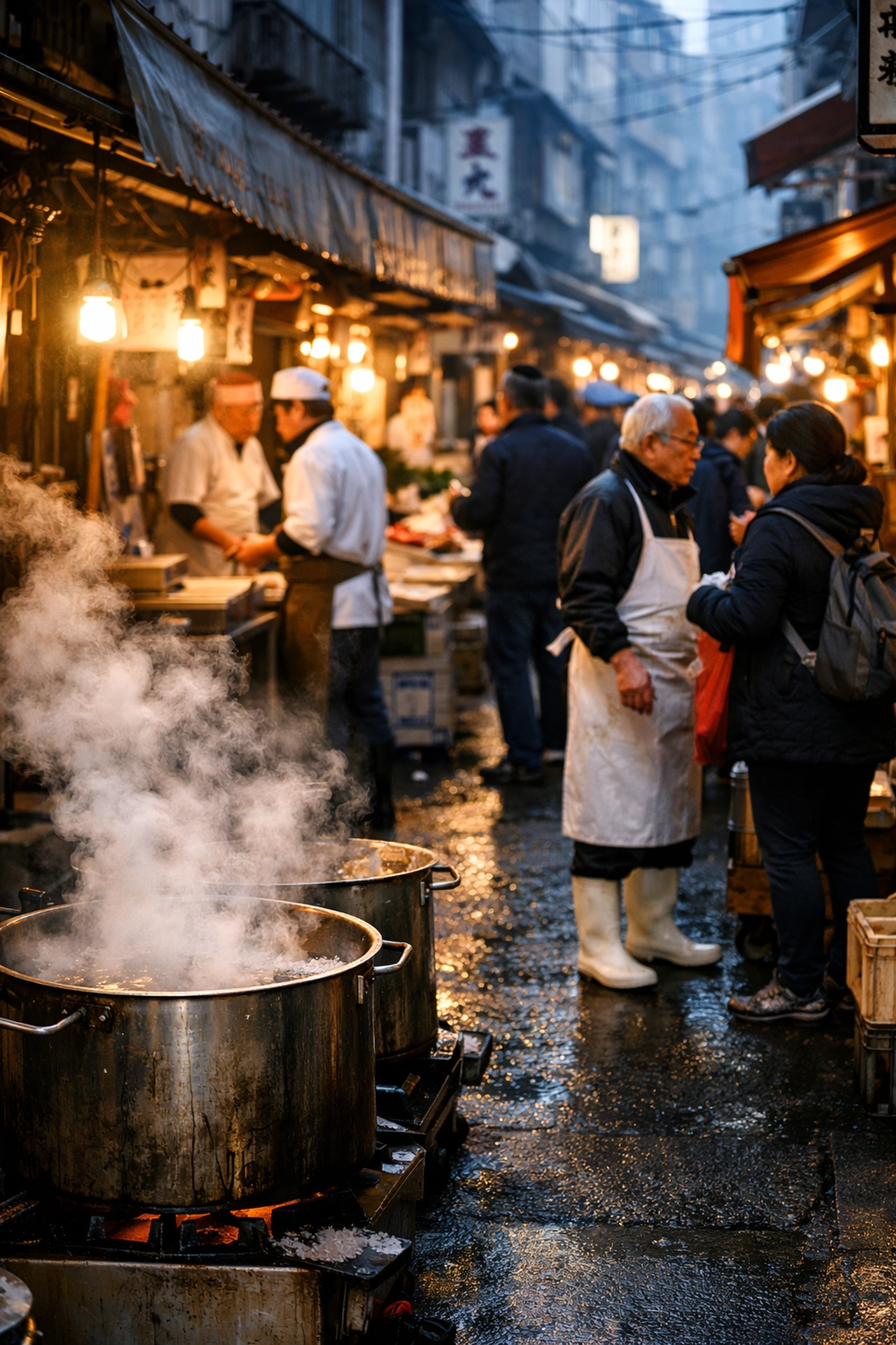 Atmospheric street photography of the bustling morning alleys at Tokyo's historic Tsukiji Outer Market.