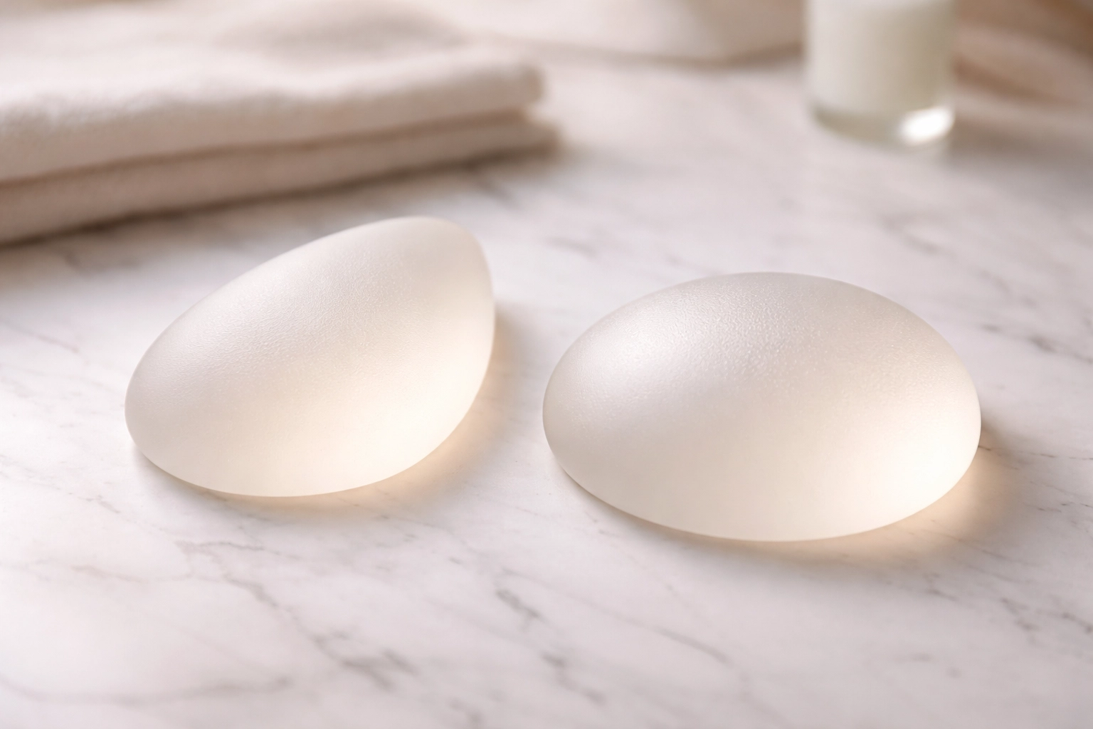 Close-up of silicone breast implant options for natural-looking augmentation on a marble surface