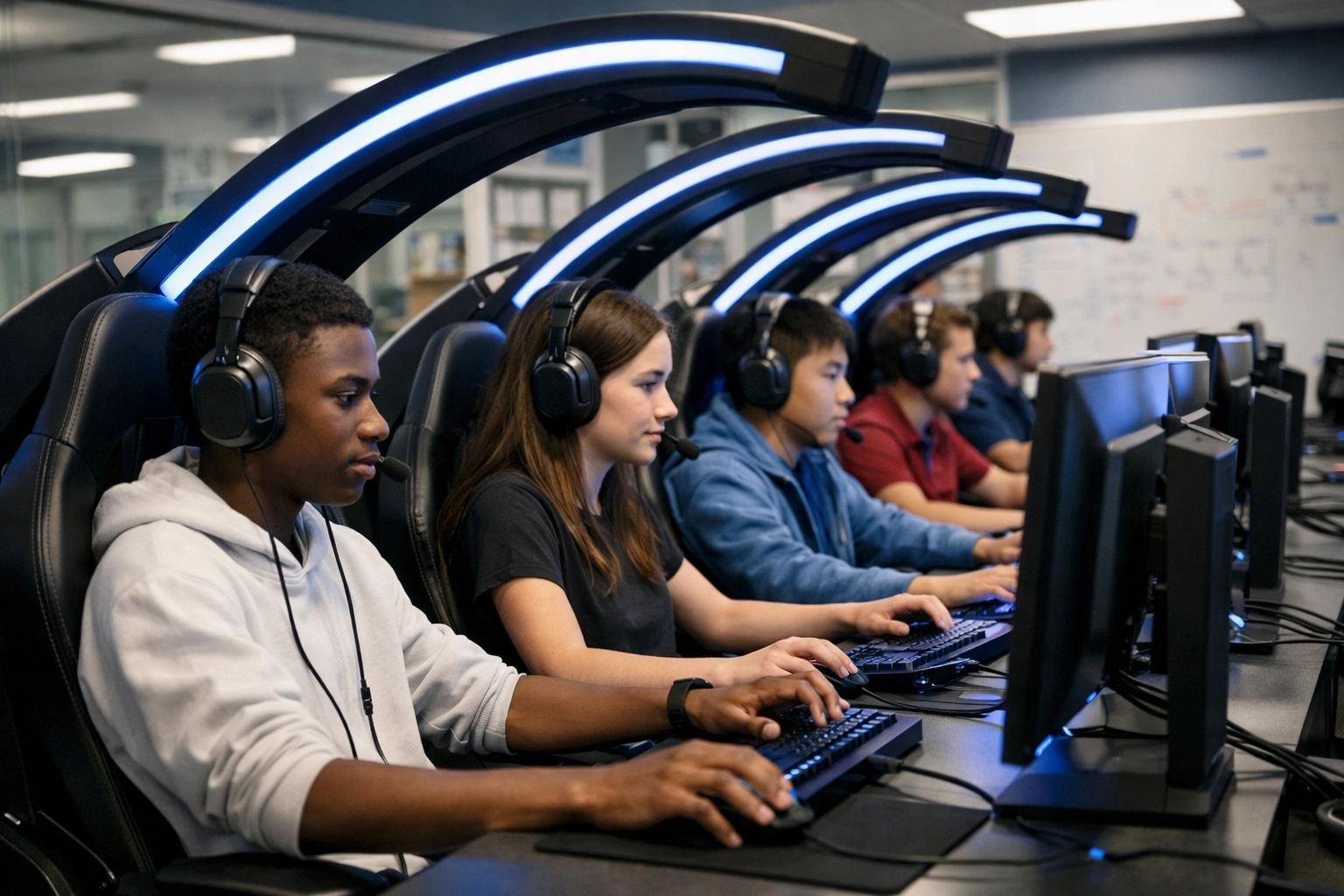 High school students collaborating in a modern esports gaming pod lab for educational simulation and brand engagement.
