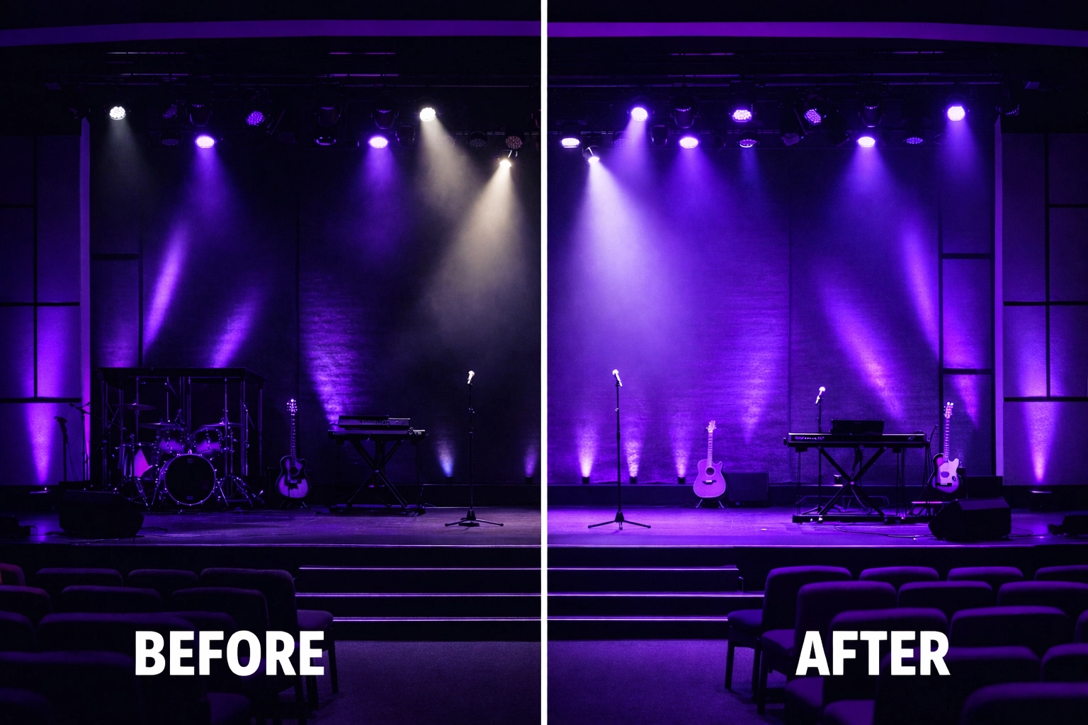 Before and after comparison showing uneven vs balanced church stage lighting from audience perspective