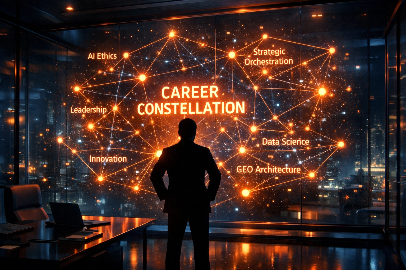 Professional viewing a holographic career map of future skills like AI Ethics and GEO architecture.