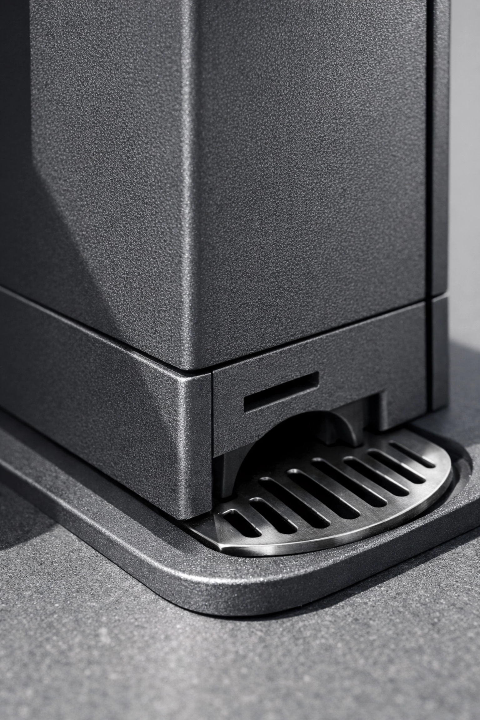 Detailaufnahme der unsichtbaren Entwässerung im Pfosten eines Lamellendachs.