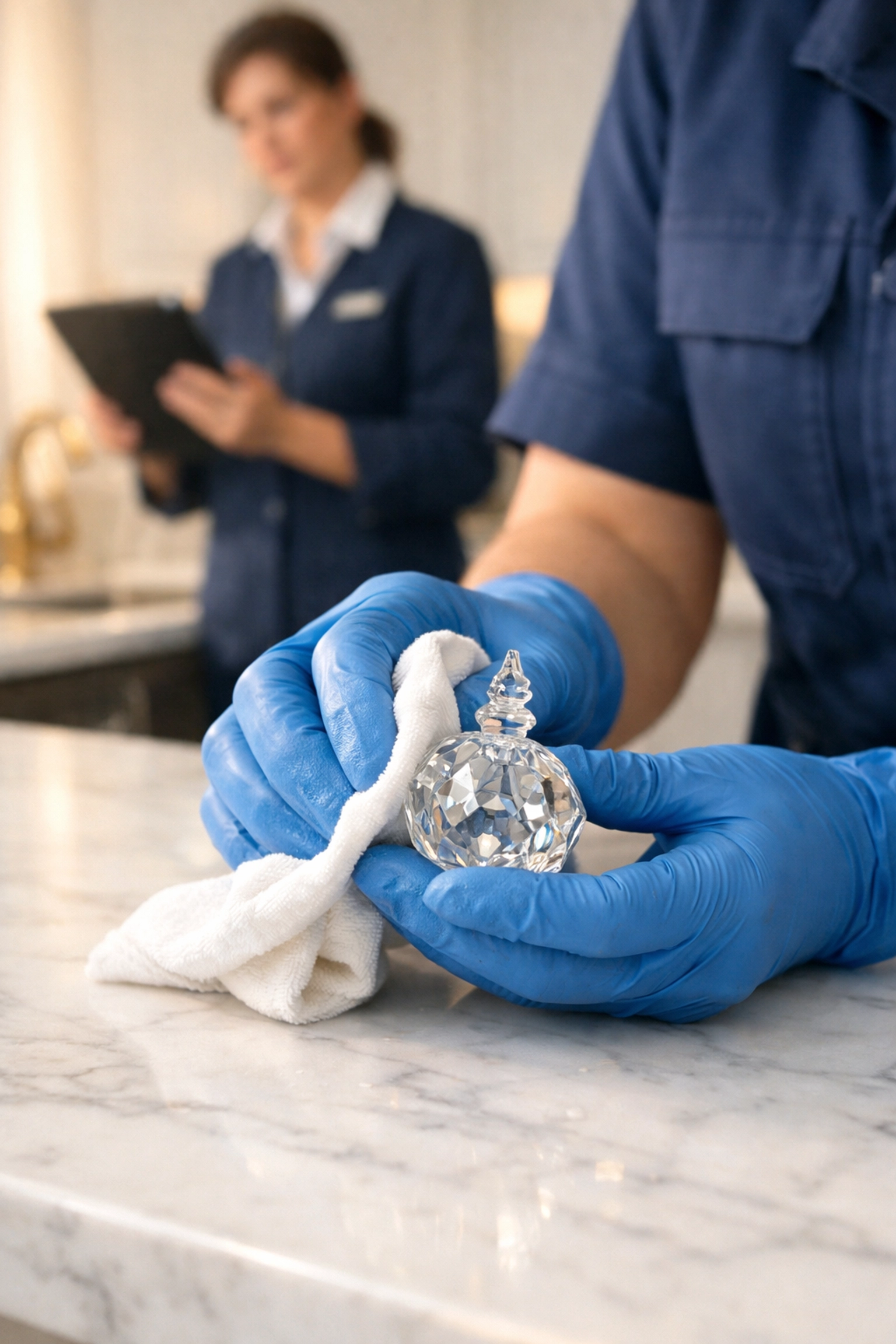 Insured house cleaning team carefully handling delicate items in a high-end Massachusetts kitchen.