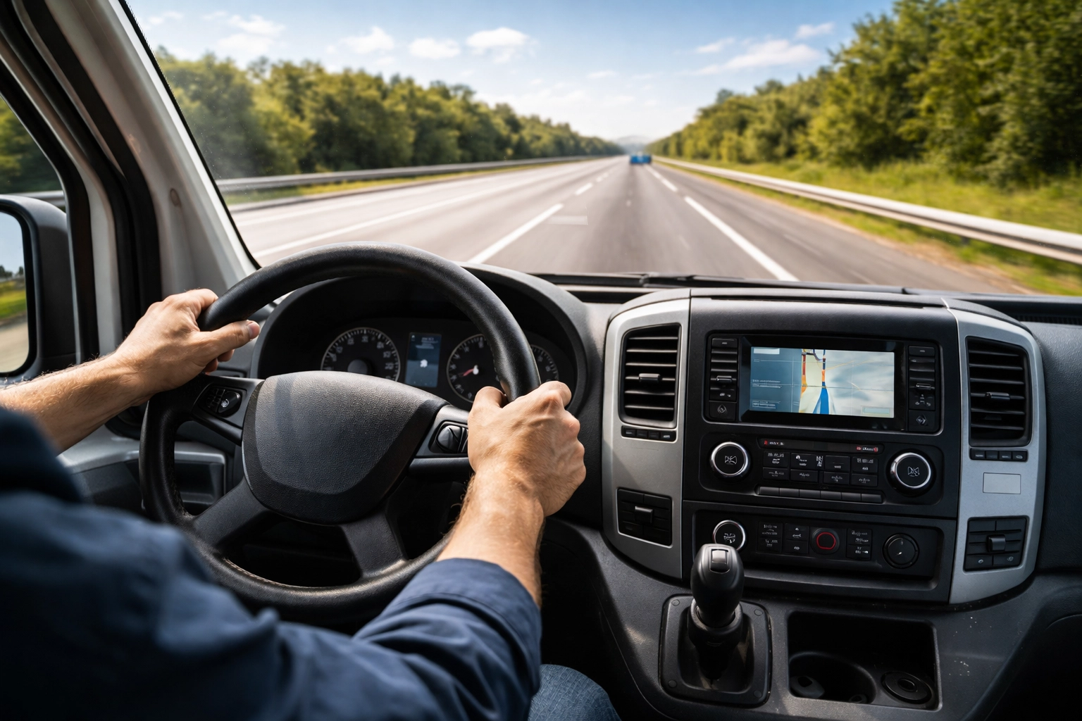 Delivery driver’s hands on commercial van steering wheel highlight driver protection under commercial auto insurance.