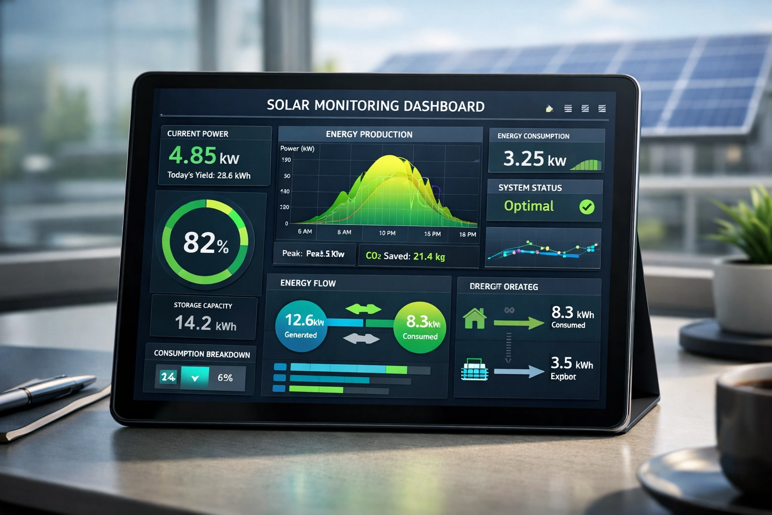 Real-time solar monitoring dashboard showing energy generation and consumption data
