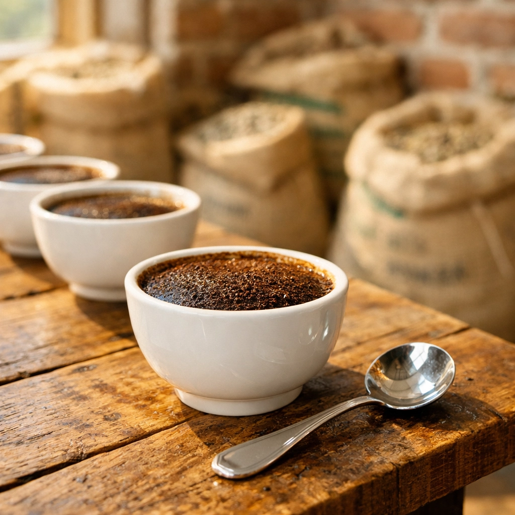 Professional coffee cupping session at a wholesale specialty coffee roastery with white bowls and green beans.