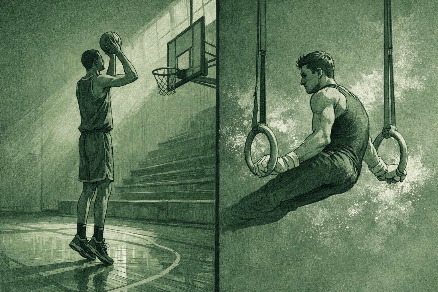 Basketball player and gymnast training separately illustrating athletic discipline and dedication