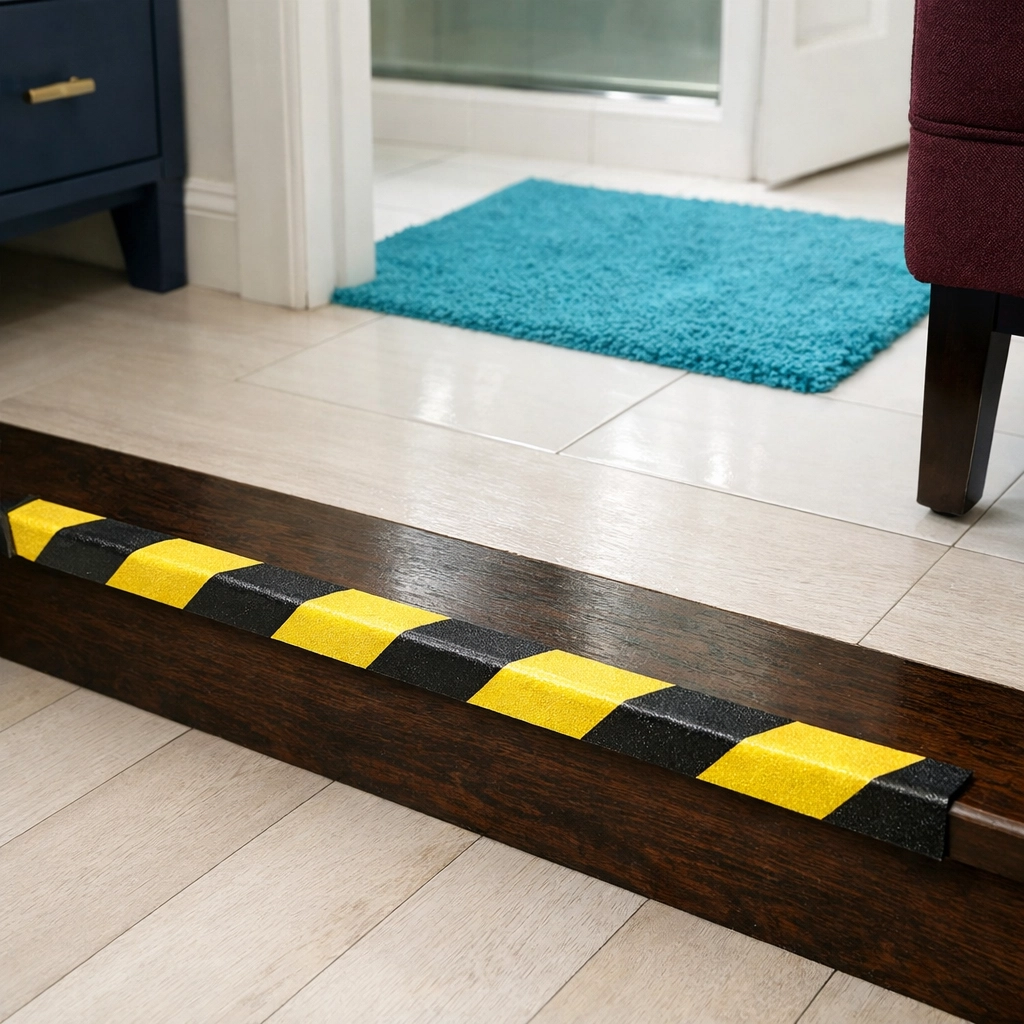 Home safety features showing yellow contrast tape on step edges and color-contrasting bath mat