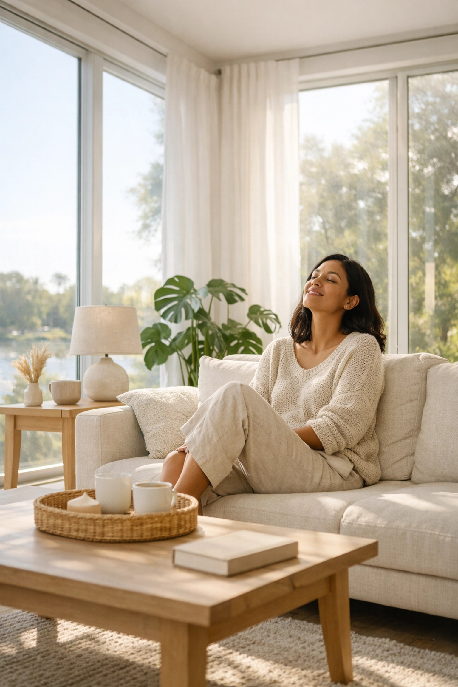 Woman breathing clean air in a dust-free home after a healthcare-grade deep cleaning Winter Park.