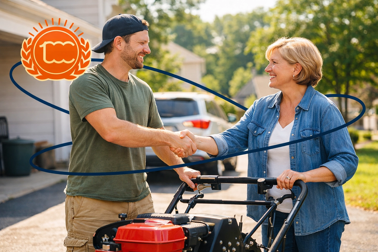 Woburn neighbors shaking hands while sharing a lawn aerator through a community rental platform.