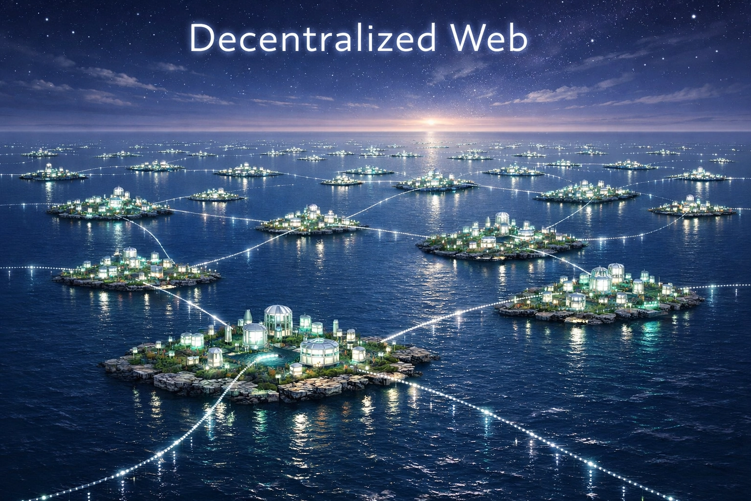A decentralized web network of floating islands representing secure personal data vaults.