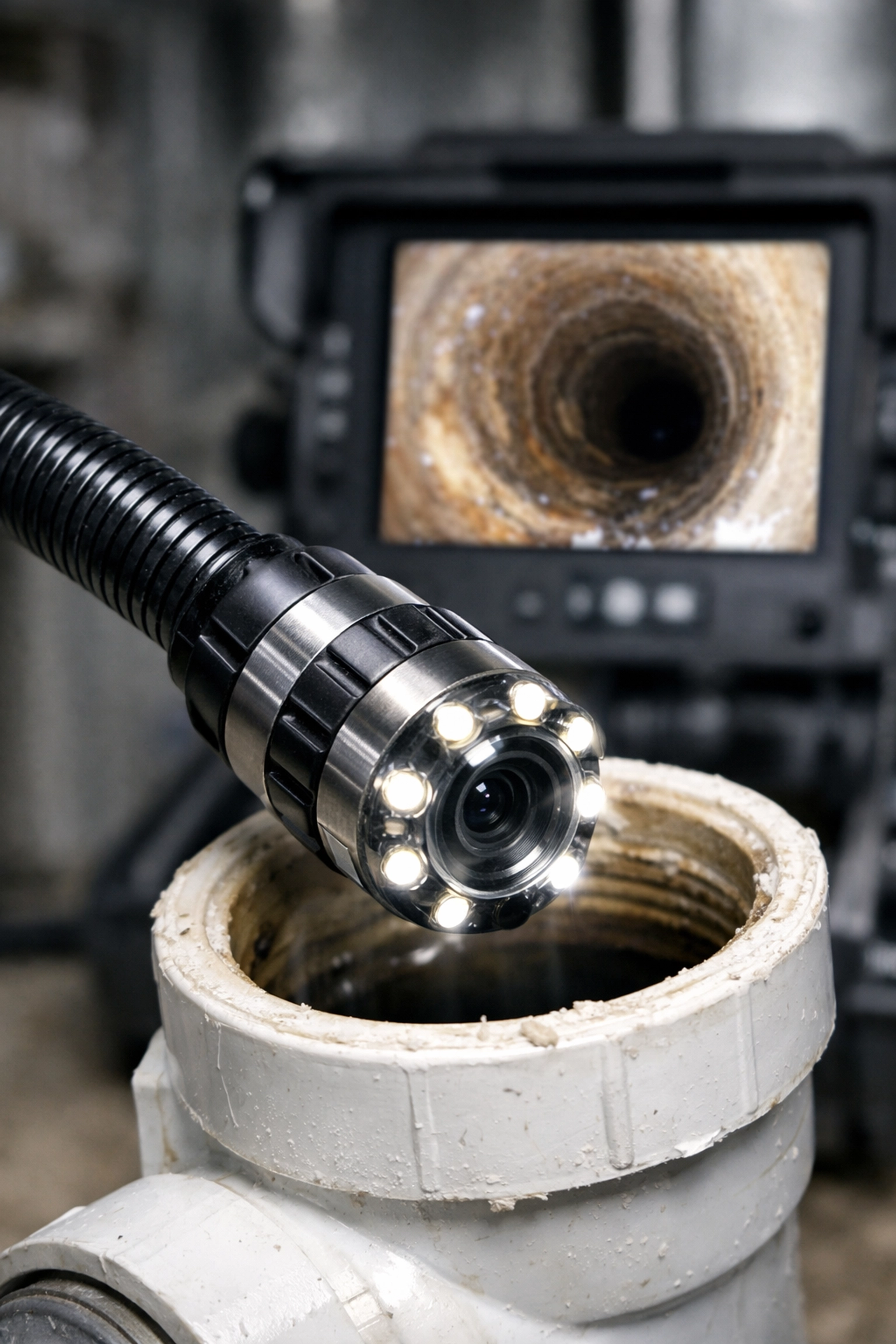 Sewer scope camera being used to inspect underground pipes for tree roots and blockages in Edmonton.